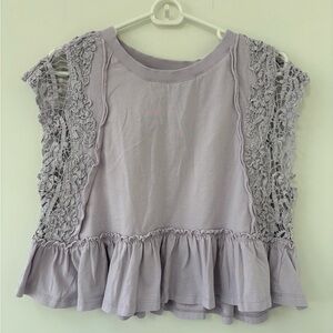 Anthropologie Lavender Lace-Trim Short Sleeve Peplum Tee